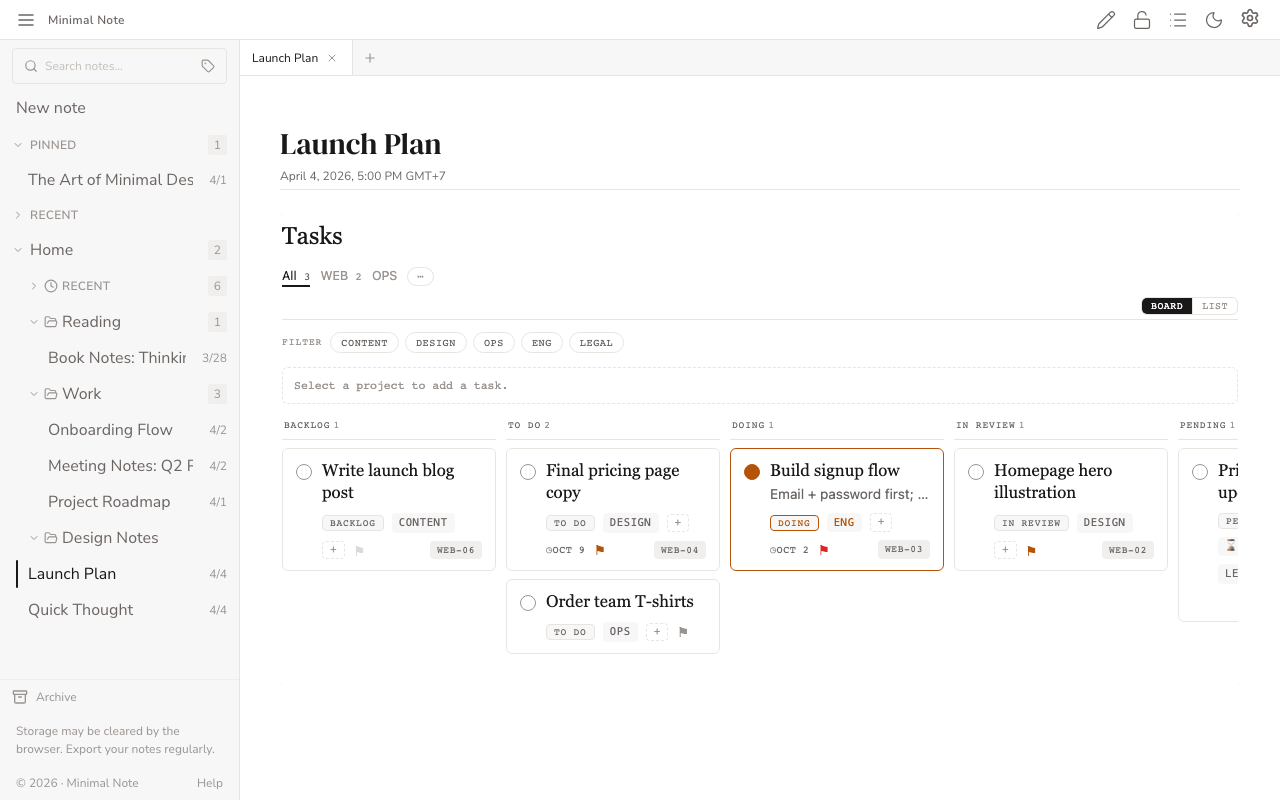 A task board inside a note, with Backlog, To Do, Doing and In Review columns of task cards
