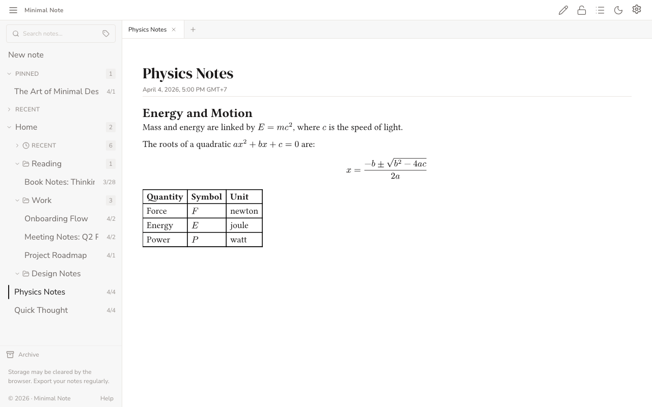 A note rendering a typeset equation for the quadratic formula and a small table of physical units